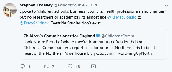Tweet by @akindoftrouble - Spoke to 'children, schools, business, councils, health professionals and charities' but no researchers or academics? It's almost like @RFMacDonald and @TracyShildrick Teesside Studies don't exist...