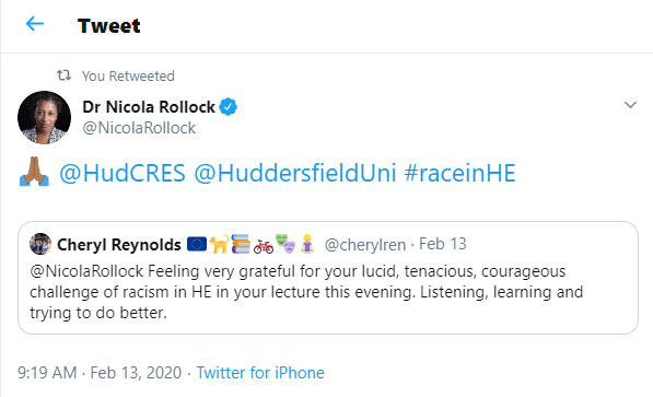Tweets by Cheryl Reynolds and Nicola Rollock re lecture
