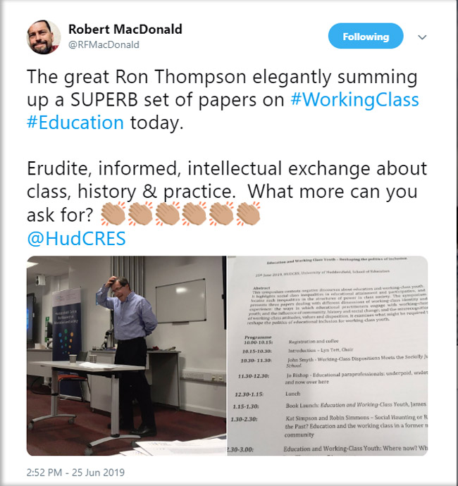 Tweet by Prof Rob MacDonald - Ron Thompson summing up the day