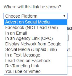 Screenshot of the platform choices for the link builder tool.