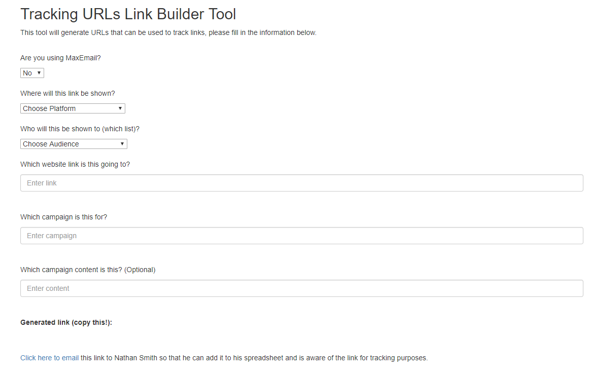 Screenshot of the Link Builder Tool webpage when you first visit the page.