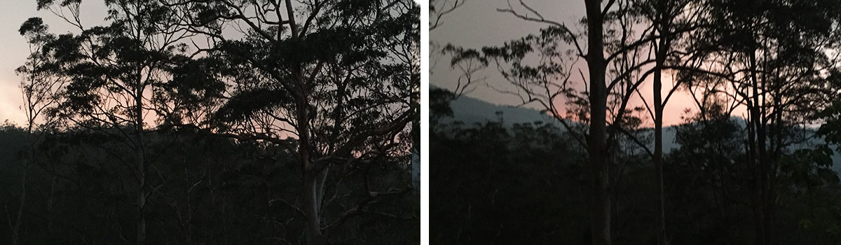 Two similar images - one a sunset, one the fires in Australia