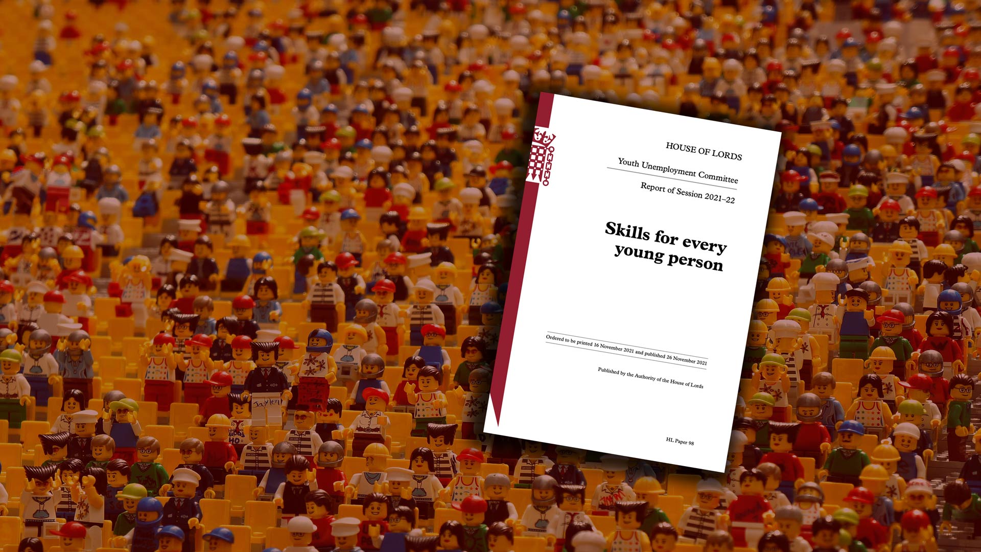 Front page of 'Skills for every young person' report on background of many different lego minifigures 