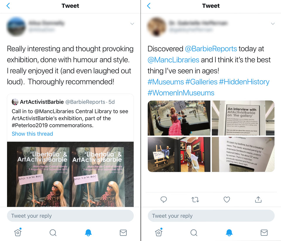 Two images from twitter showing positive responses to the exibition