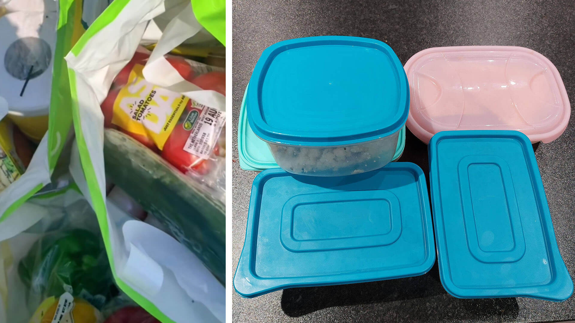 Full shopping bag next to mixed tupperware containers