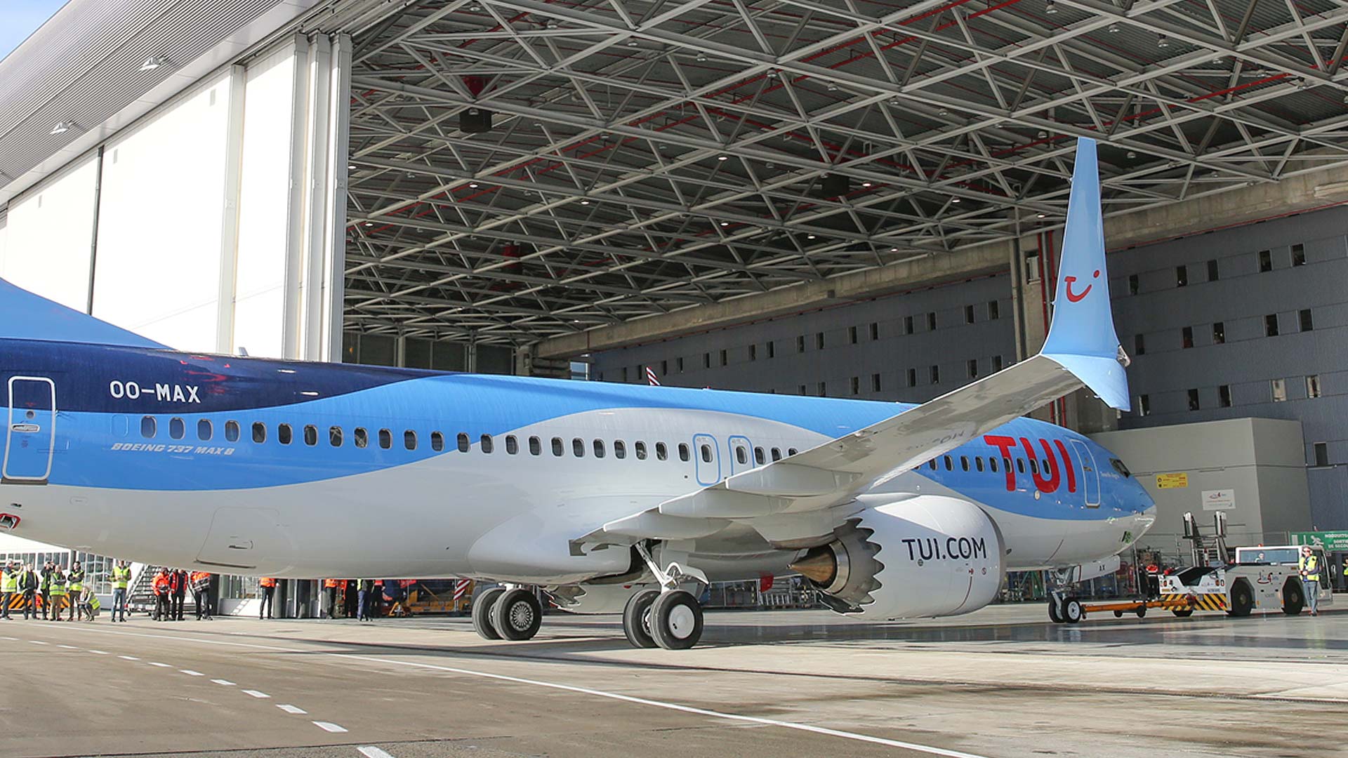 A TUI branded Boeing 737 aircraft going into aircraft hanger