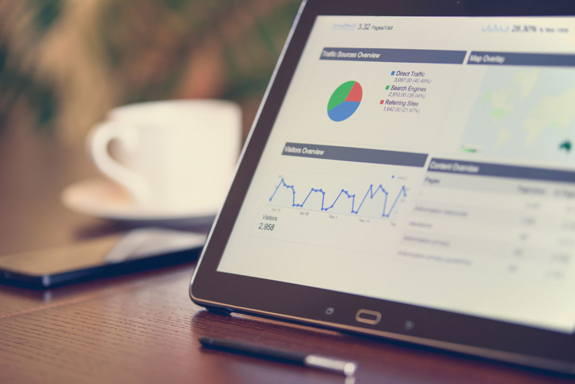 The image shows a tablet with analytics on the screen set upright on a table. A coffee cup and saucer is blurred out in the background