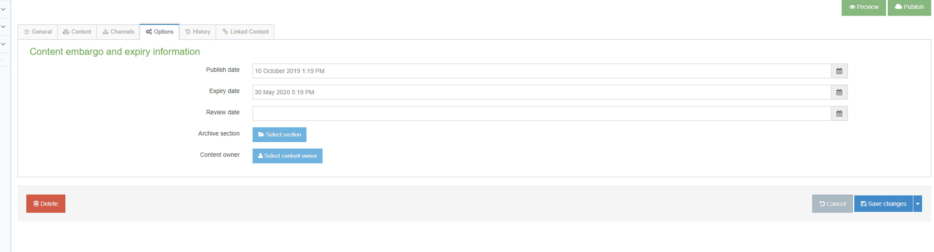 screenshot showing the options tab available inside a content item in t4