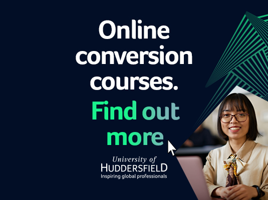 A clickable web banner that takes users to a webpage with information on online conversion courses at the University of Huddersfield.