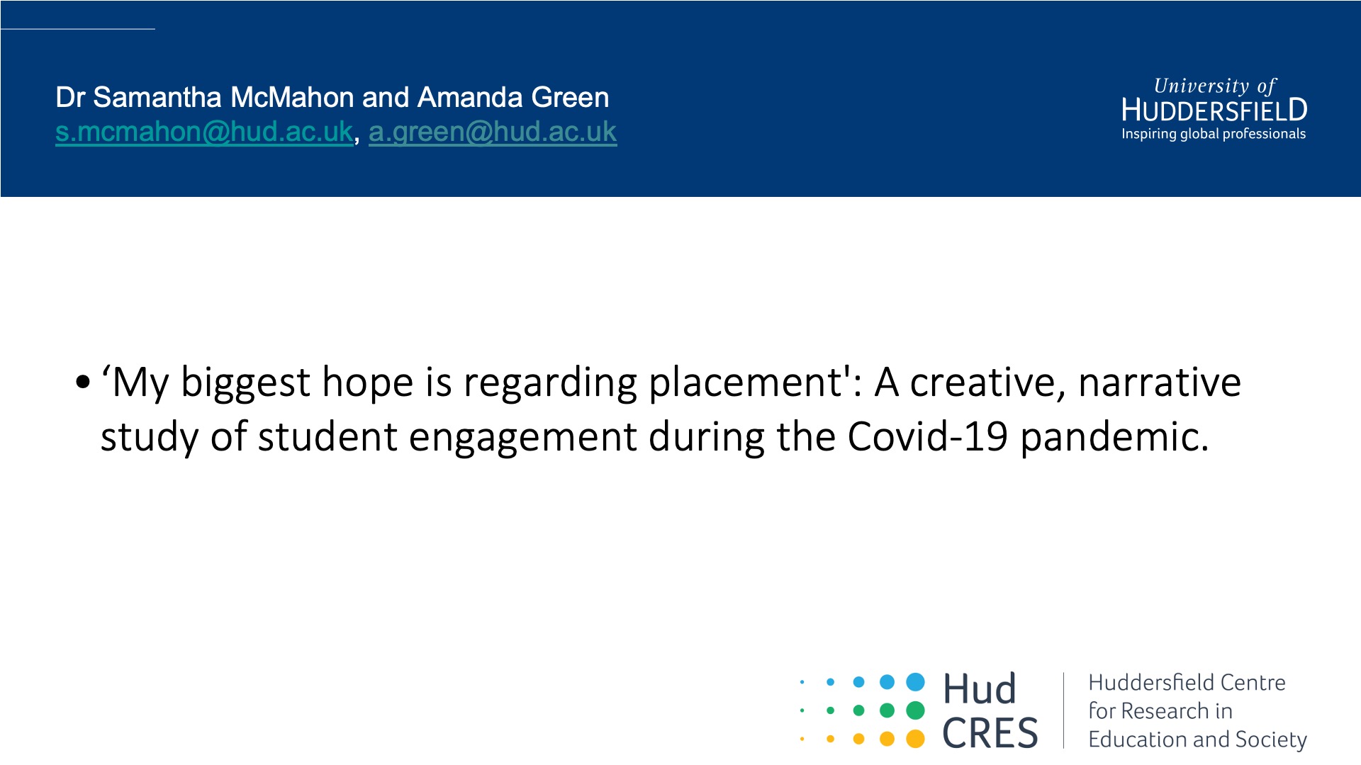 Front slide from BERA 2021 presentation by Amanda Green and Sam McMahon - student engagement during covid-19