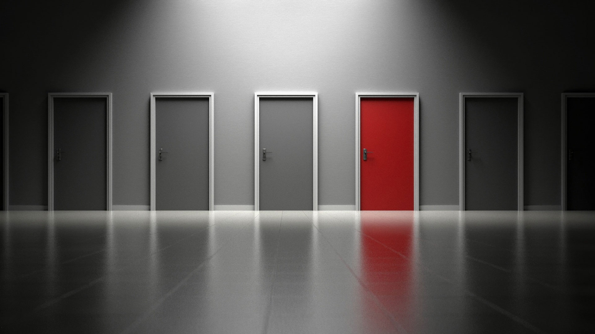A row of doors, one highlighted red, representing different choices