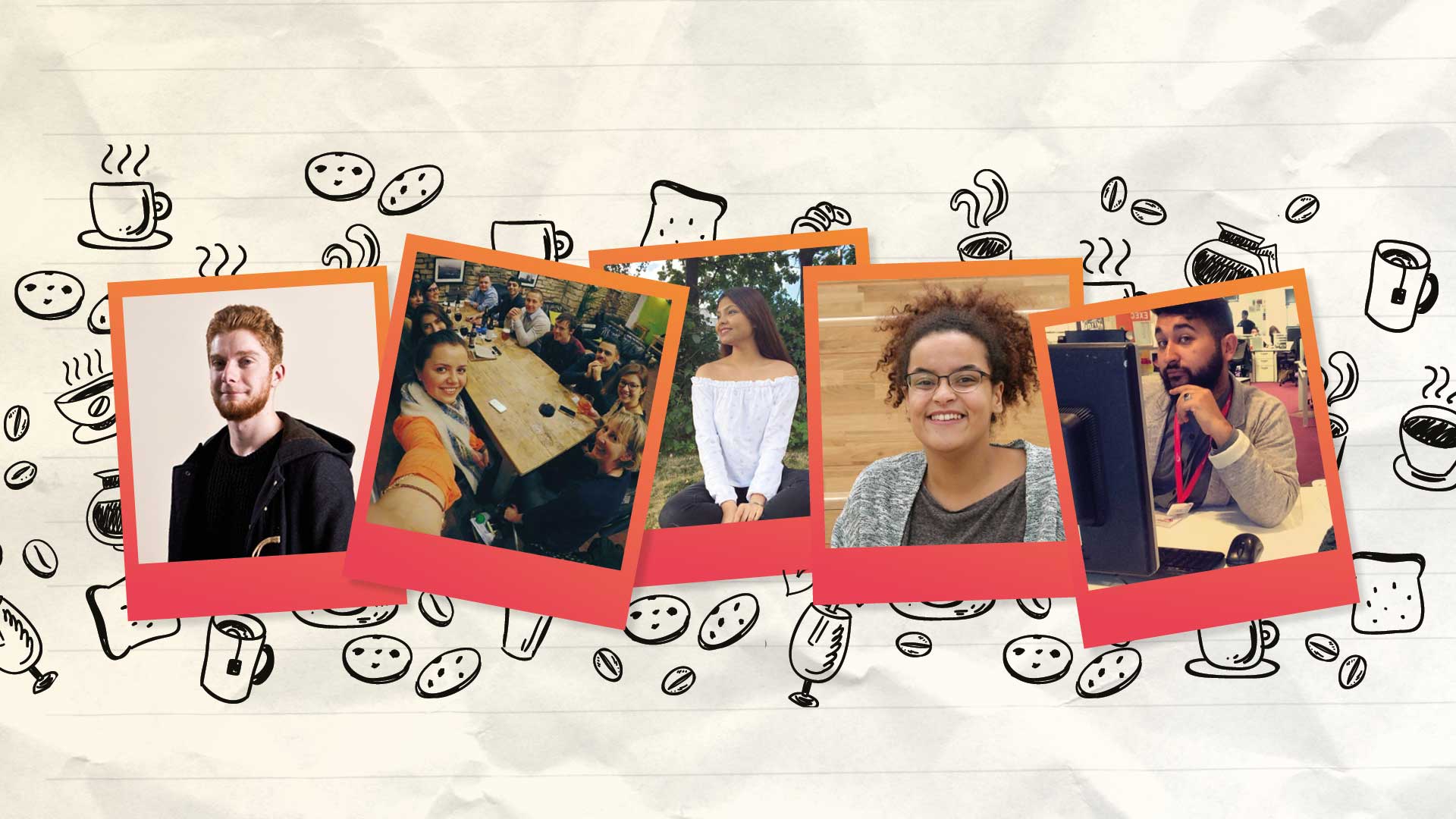 Graphic introducing our student blogs. The background is crumpled notebook paper with sketches of breakfast items. Coffee, toast, cookies and croissants. 5 pictures of students are over layed.