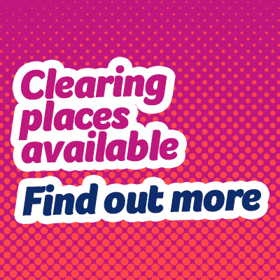Pink graphic. Text reads: Places available in Clearing - find out more