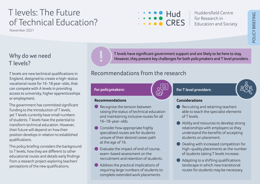 HudCRES Policy Briefing November 2021, T Levels: the future of technical education?