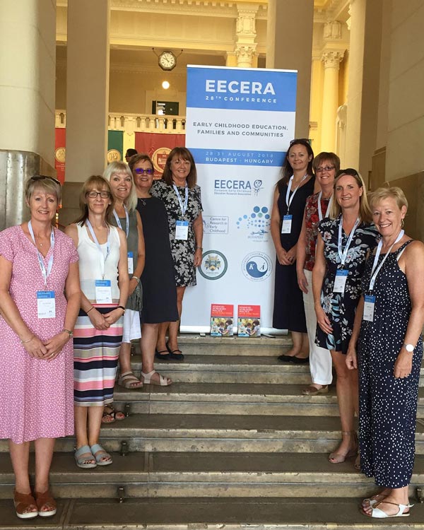 Staff from Early Years, Childhood Studies and Primary Education at EECERA conference 2018, Budapest, with new book Advanced Work-Based Practice in the Early Years: A guide for students