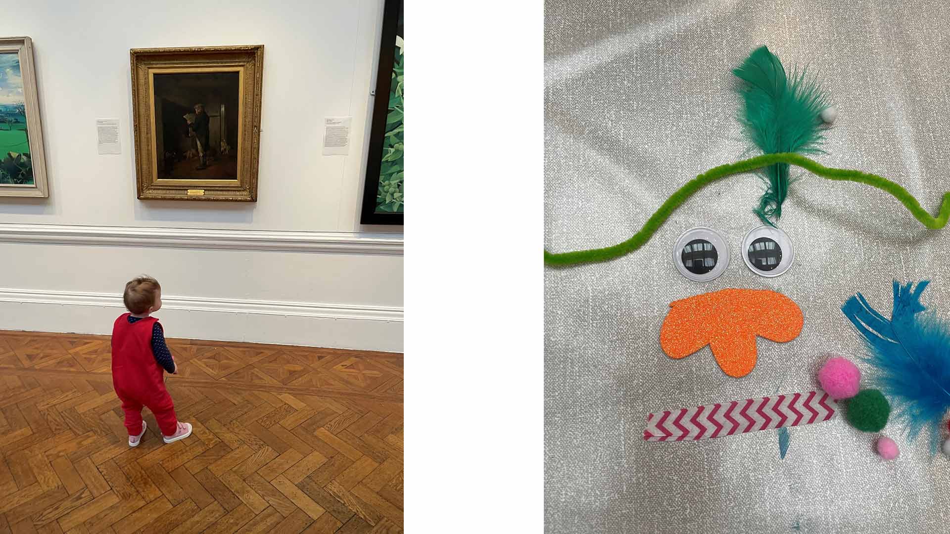 2 images. One of a small child looking at a painting, the other of a face created by a child from a selection of art materials