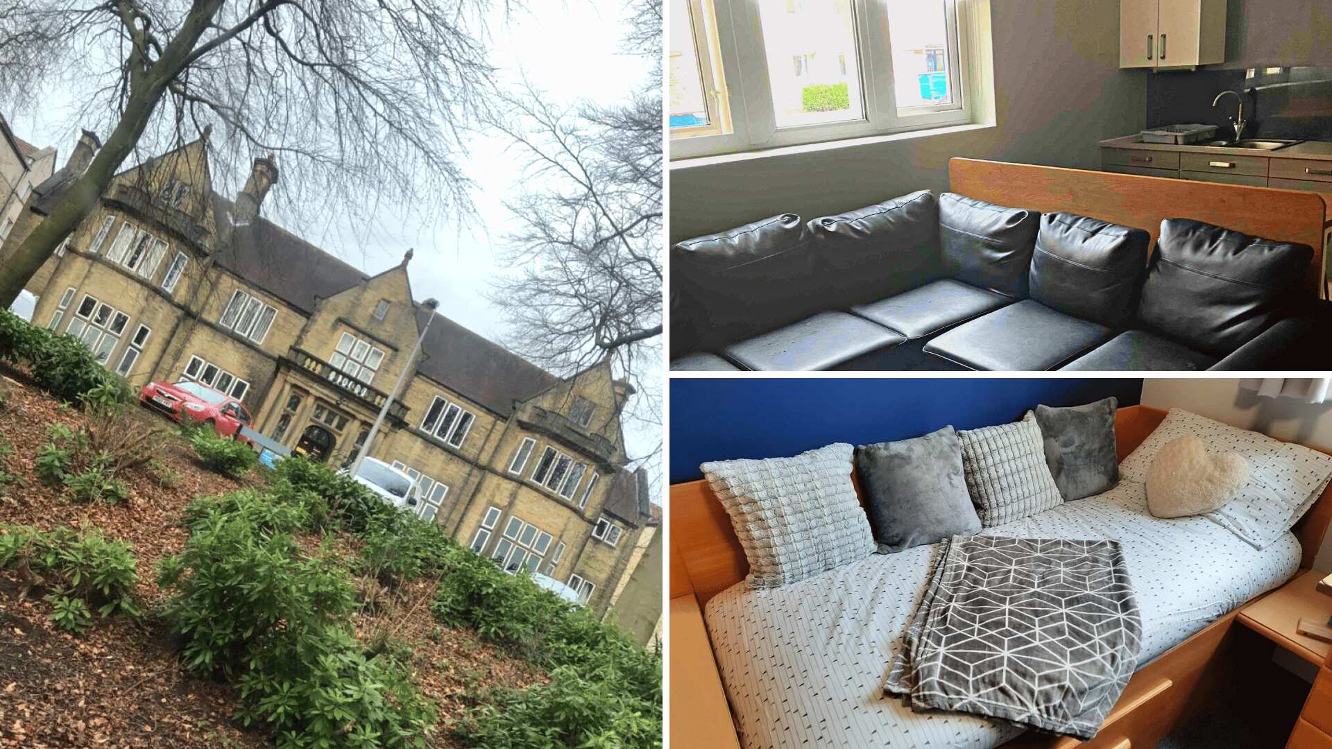 Three pictures of Storthes Hall student accommodation - a view of the exterior of the mansion building, an interior view of a shared kitchen and living area and an interior view of a bedroom