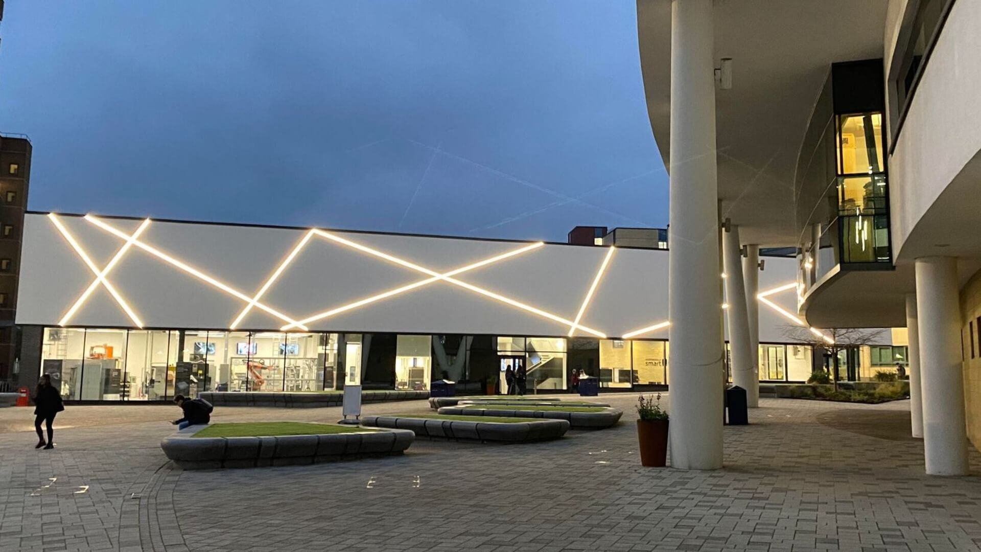 University of Huddersfield Laura Annie Willson building lit up in lights