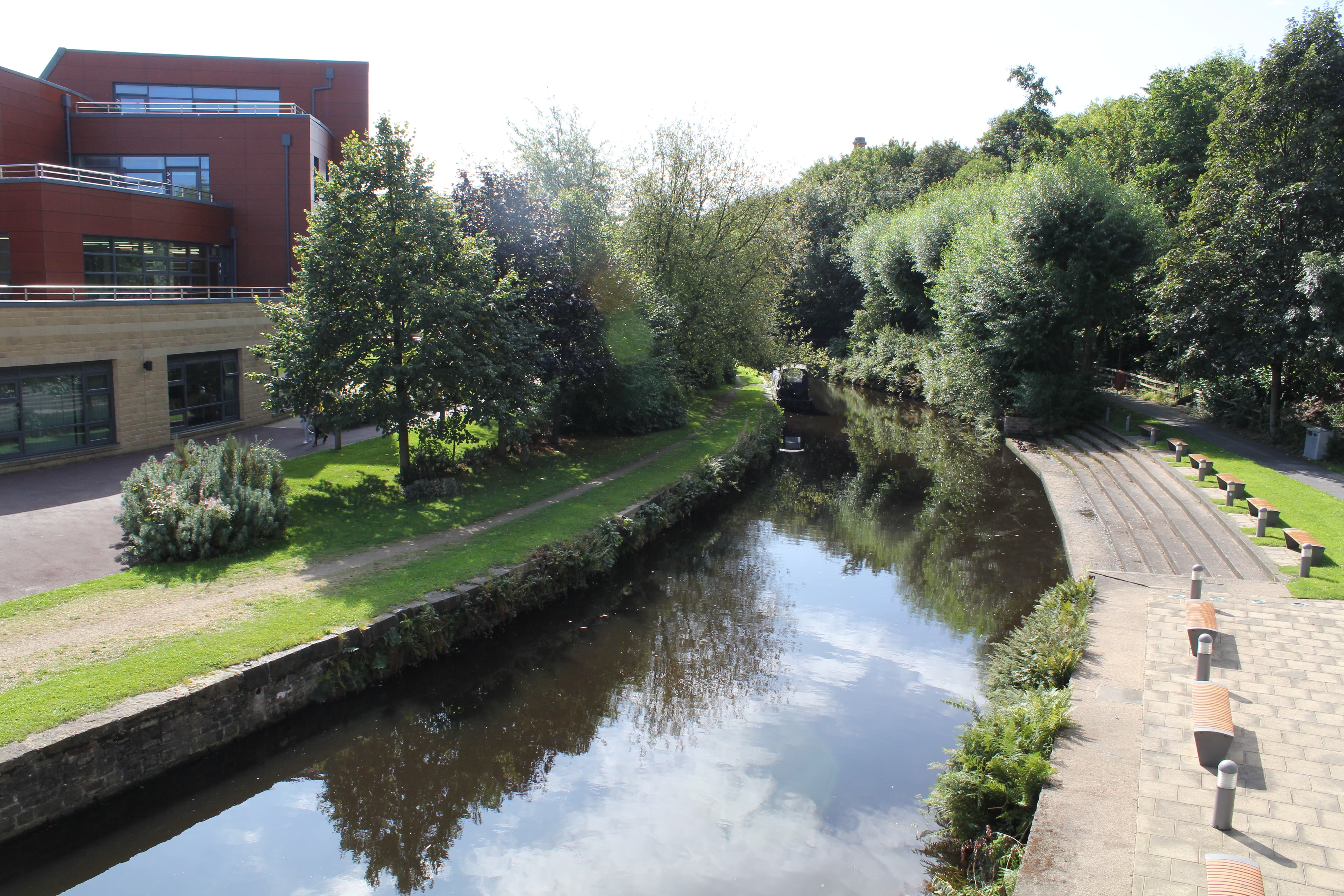 A view of the campus canal adjacent to the business school.