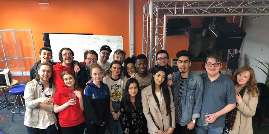 A group photo of a bunch of Music Journalism students.