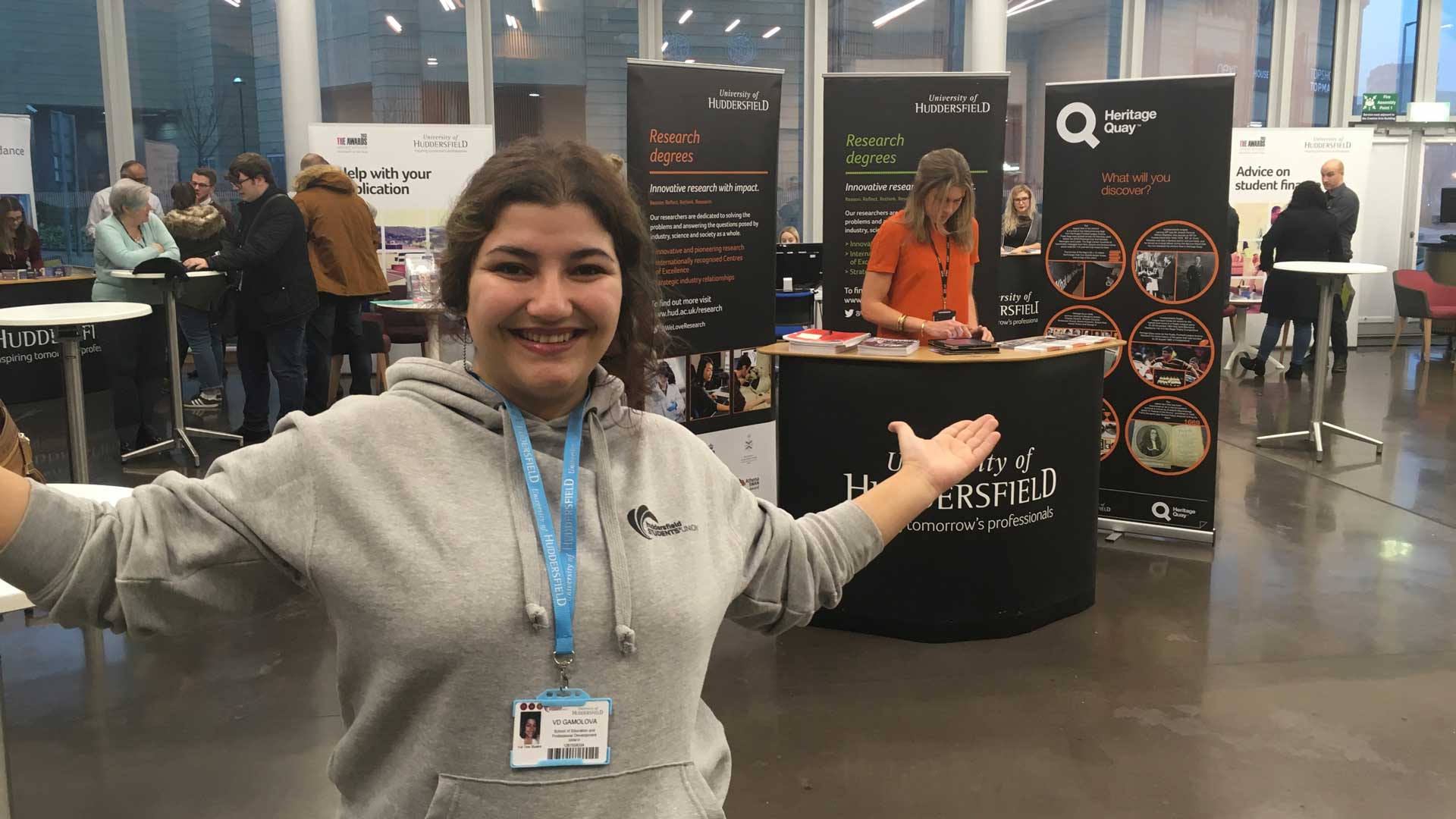 An image of Viktoria the student rep at a postgraduate fair.