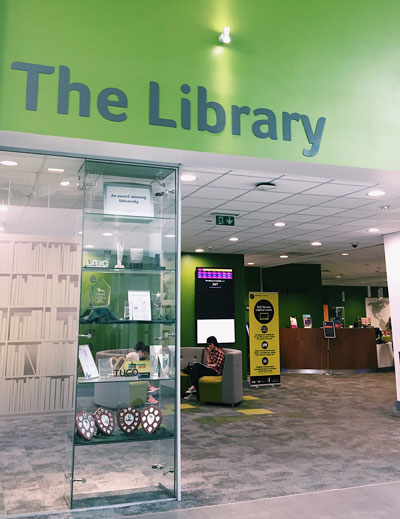 A photo of the entrance to the University of Huddersfield Library