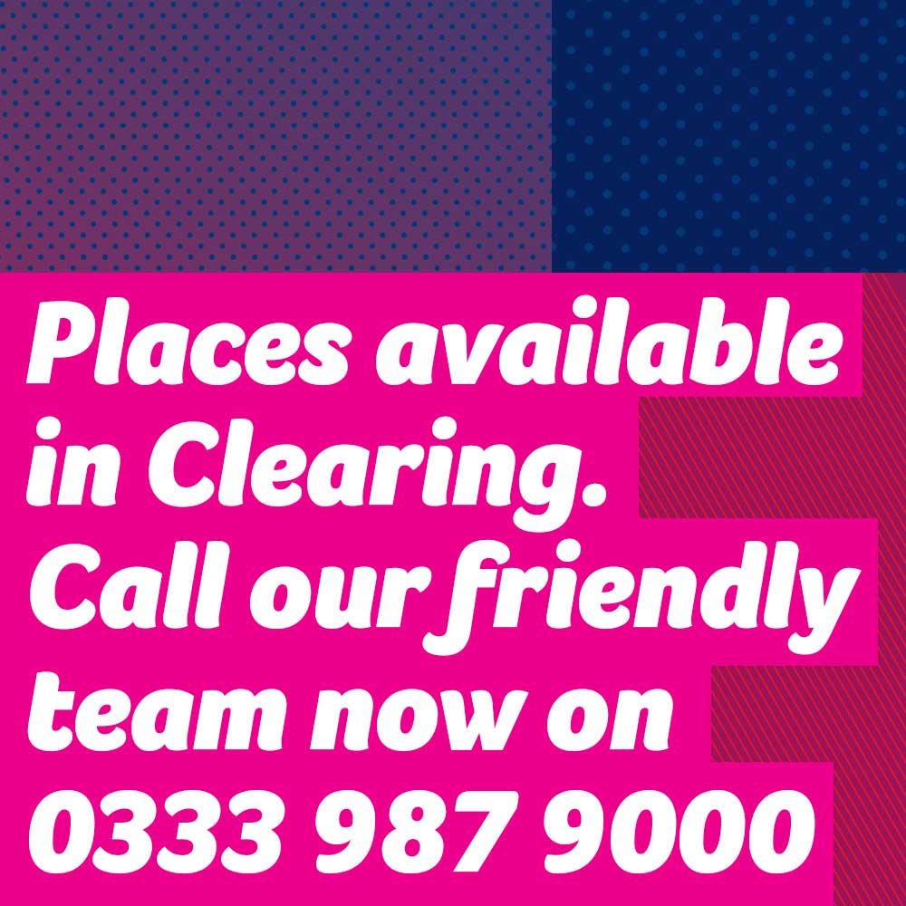 A pink and blue graphic saying 'Places available in Clearing. Call our friendly team now on 0333 987 9000'