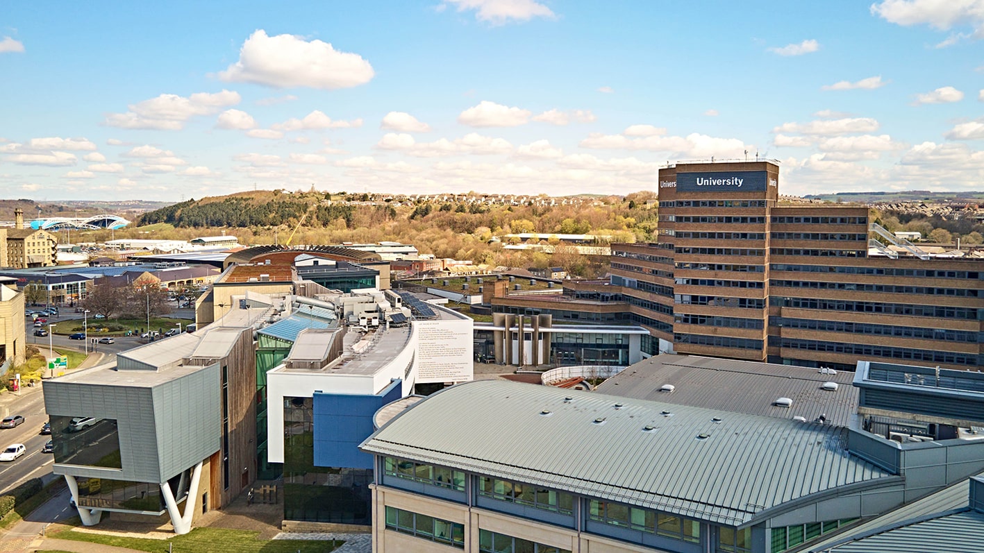 An overhead shot of the University of Huddersfield campus plaza and surrounding buildings