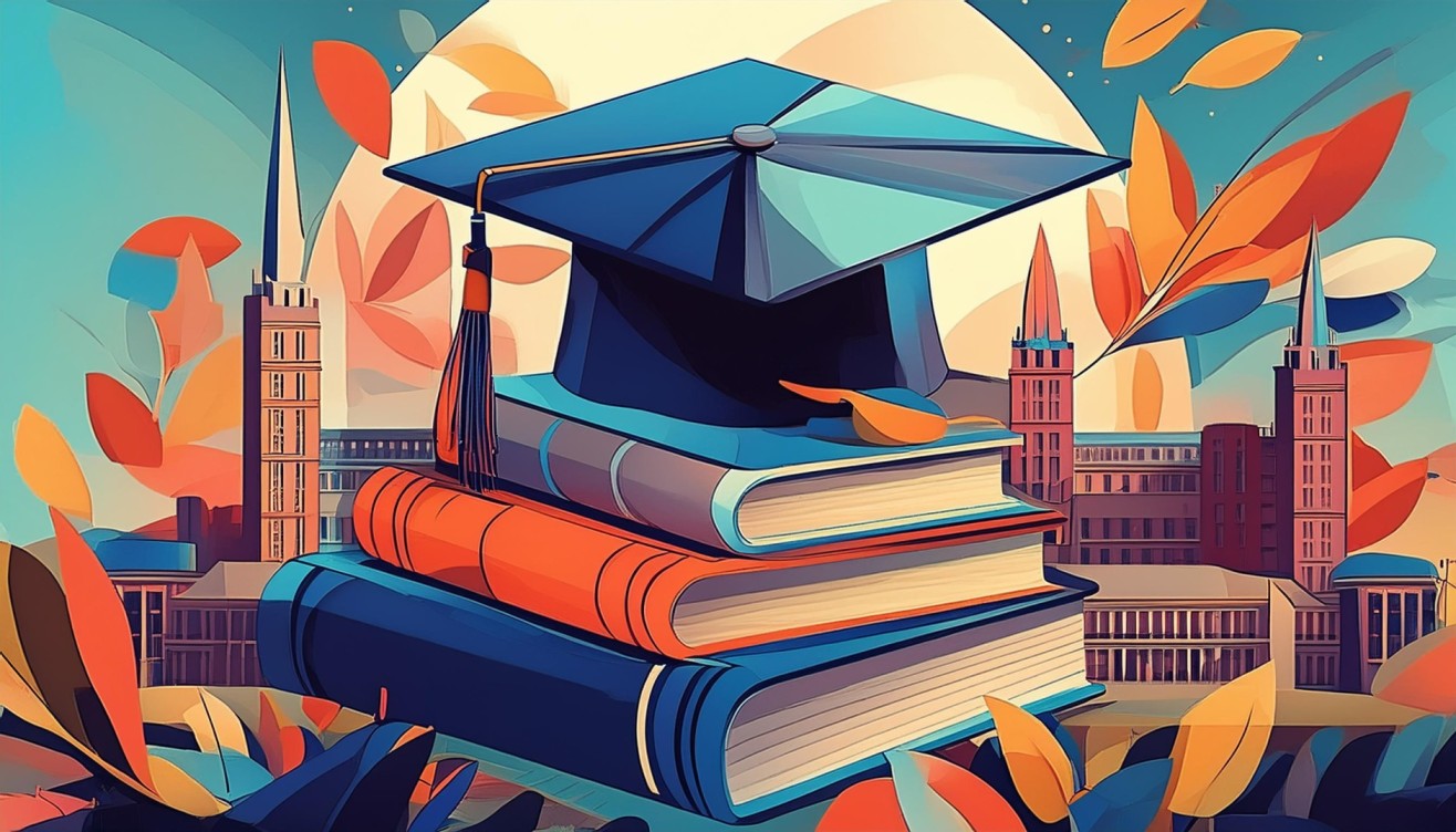 An abstract image featuring books, a mortar board graduation cap and buildings