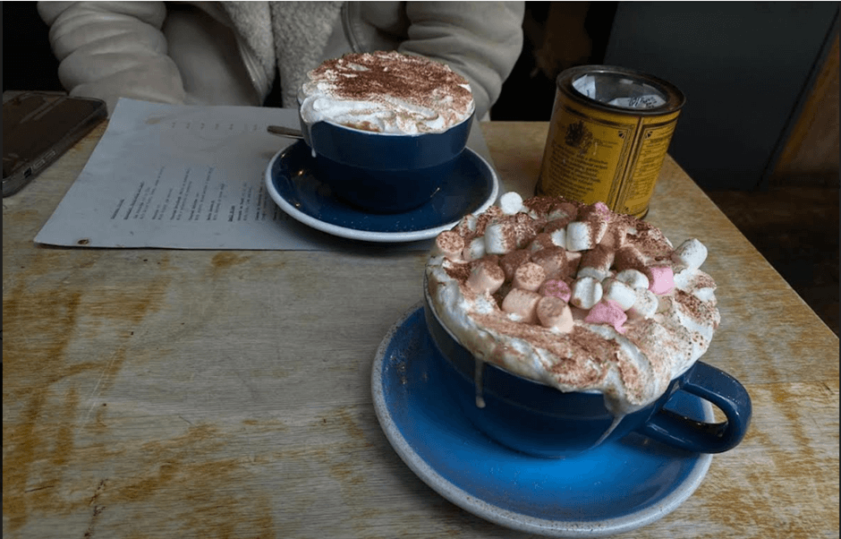 Espresso corner hot chocolate with cream and marshmallows