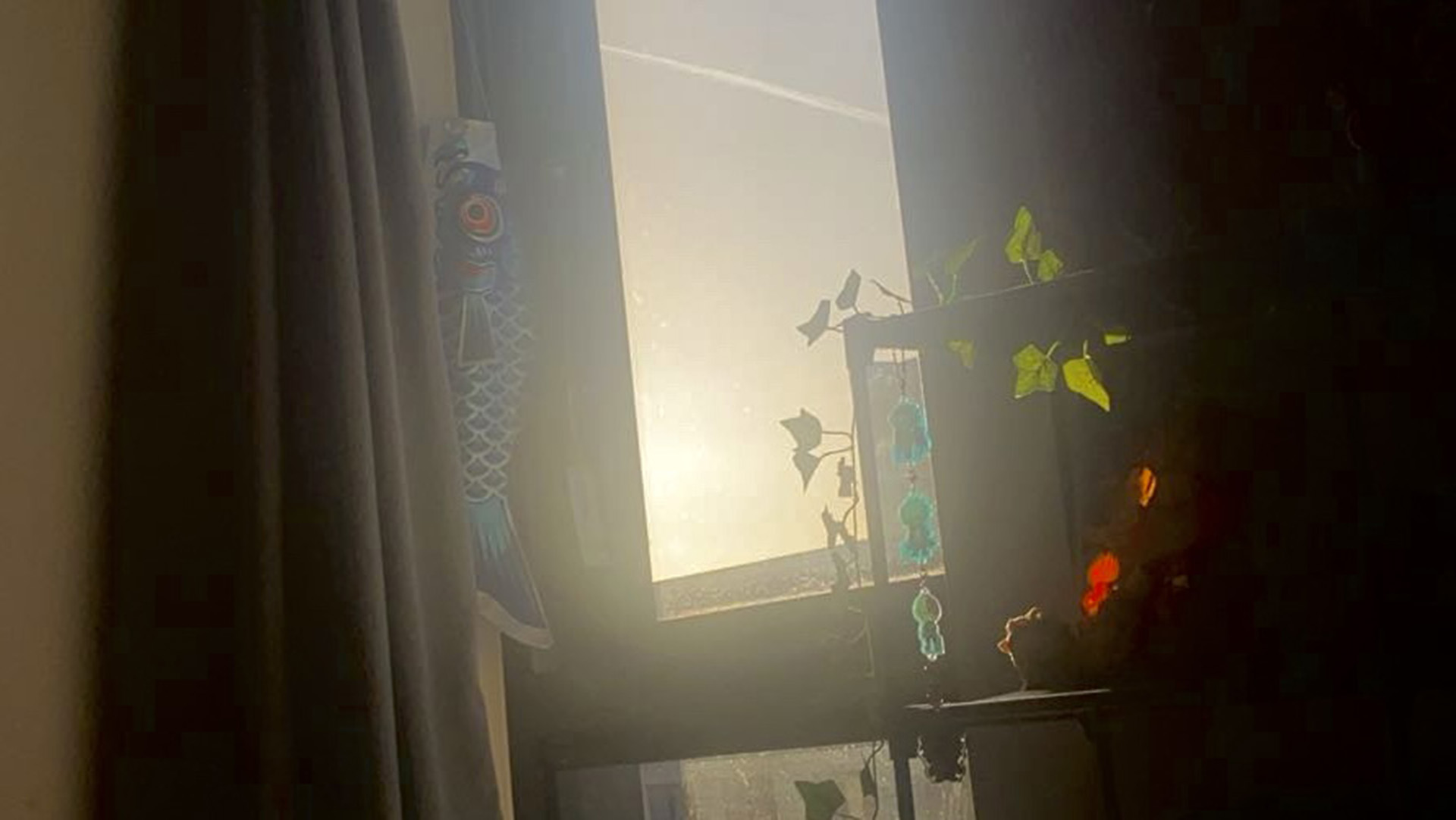 Sunlight streaming through a window adorned with colorful origami and decorations, casting a warm glow in the room.