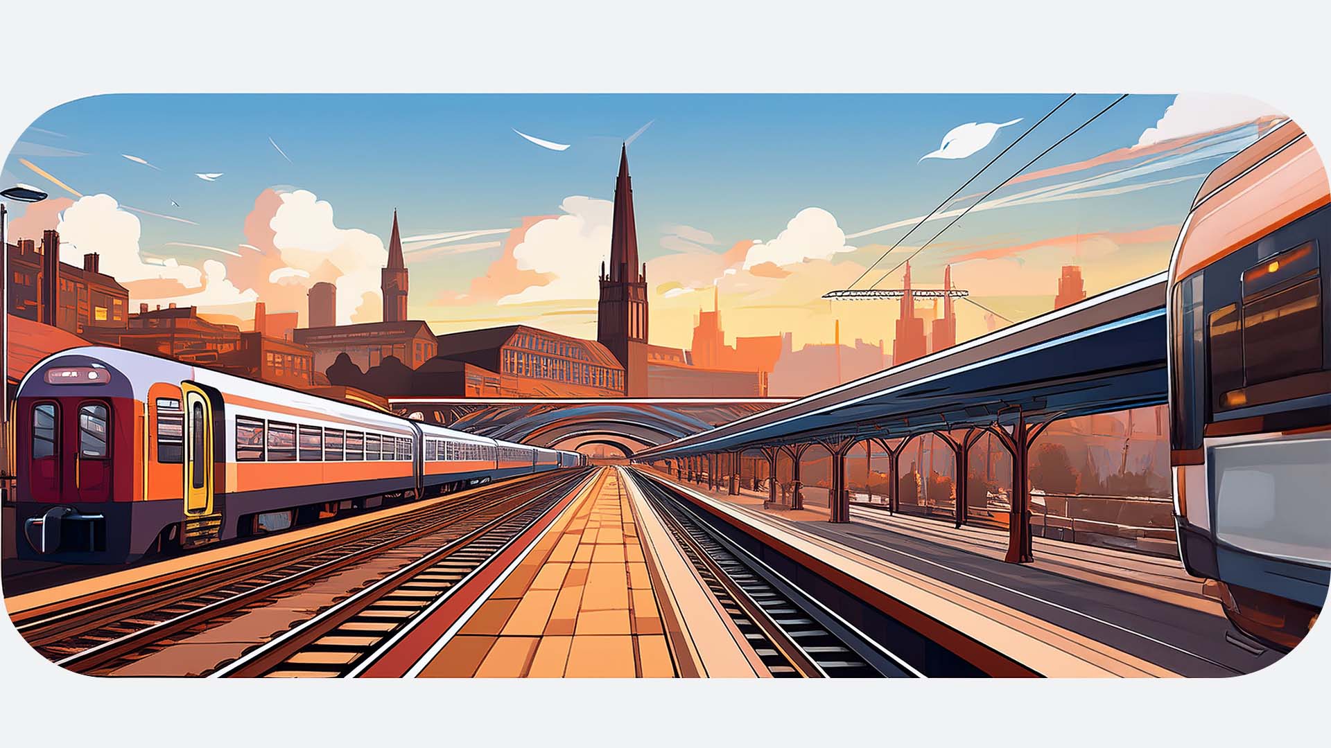 AI photoshop generated Illustration of trains at a station with a Huddersfield skyline featuring prominent buildings in the background under a clear, sunset sky.