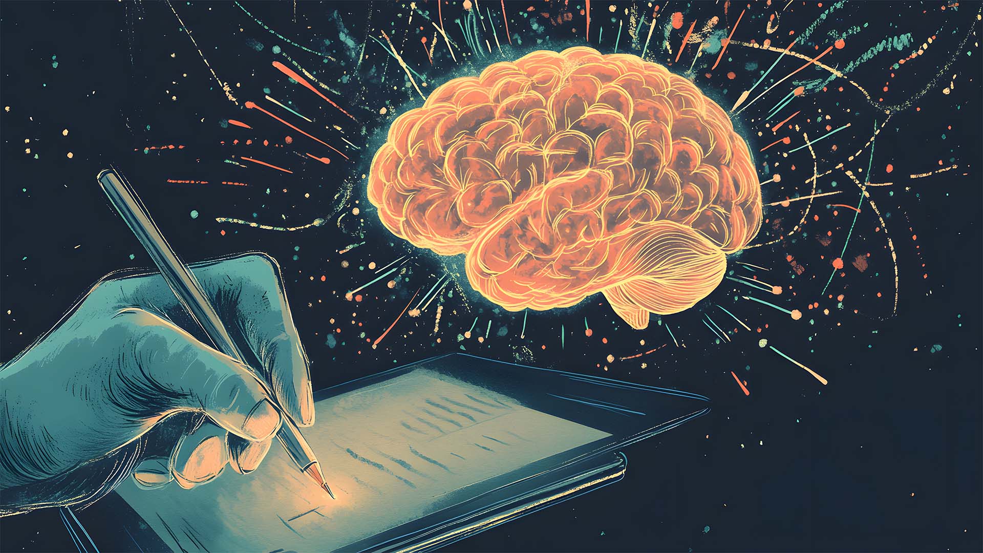 Illustration of a hand holding a pencil over a notebook, with a vibrant, glowing brain floating above it, surrounded by colourful sparks. Credit: Adobe Stock