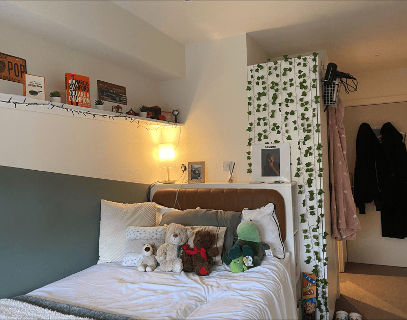 A student's room in halls of residence showing a bed, with shelves above