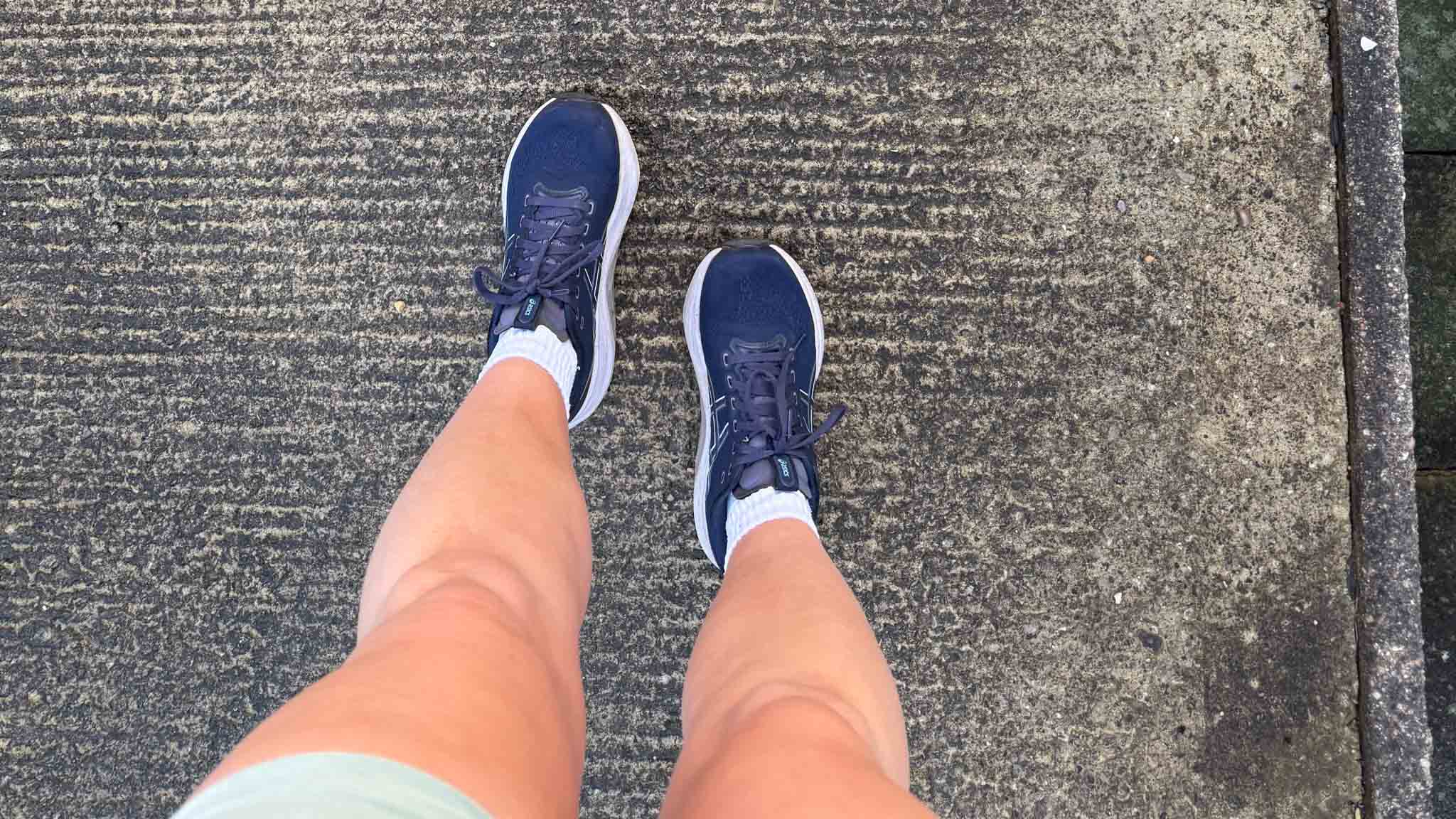 Someone's legs with blue trainers