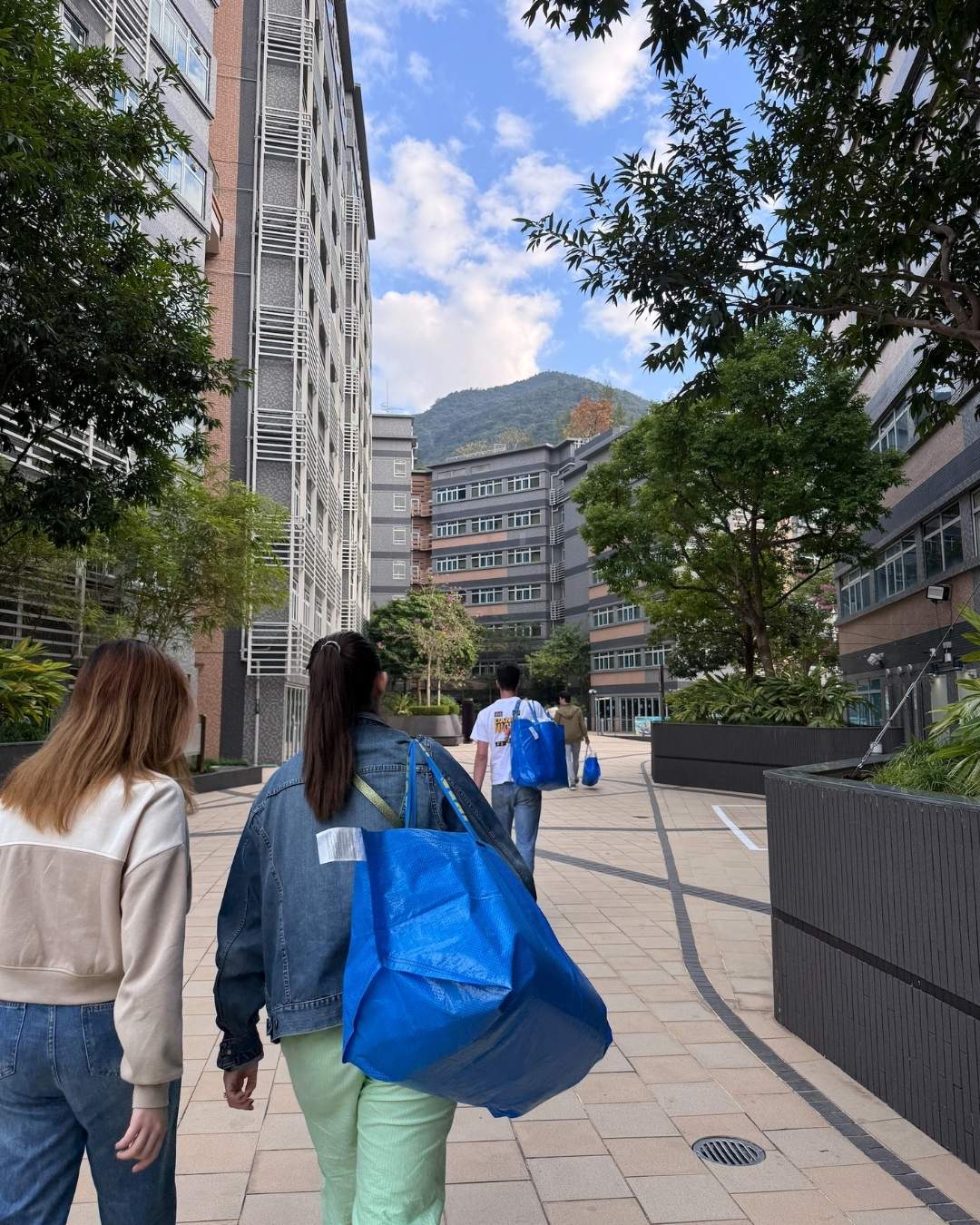 Two students walking through a bright sunny street with a mountain in the background