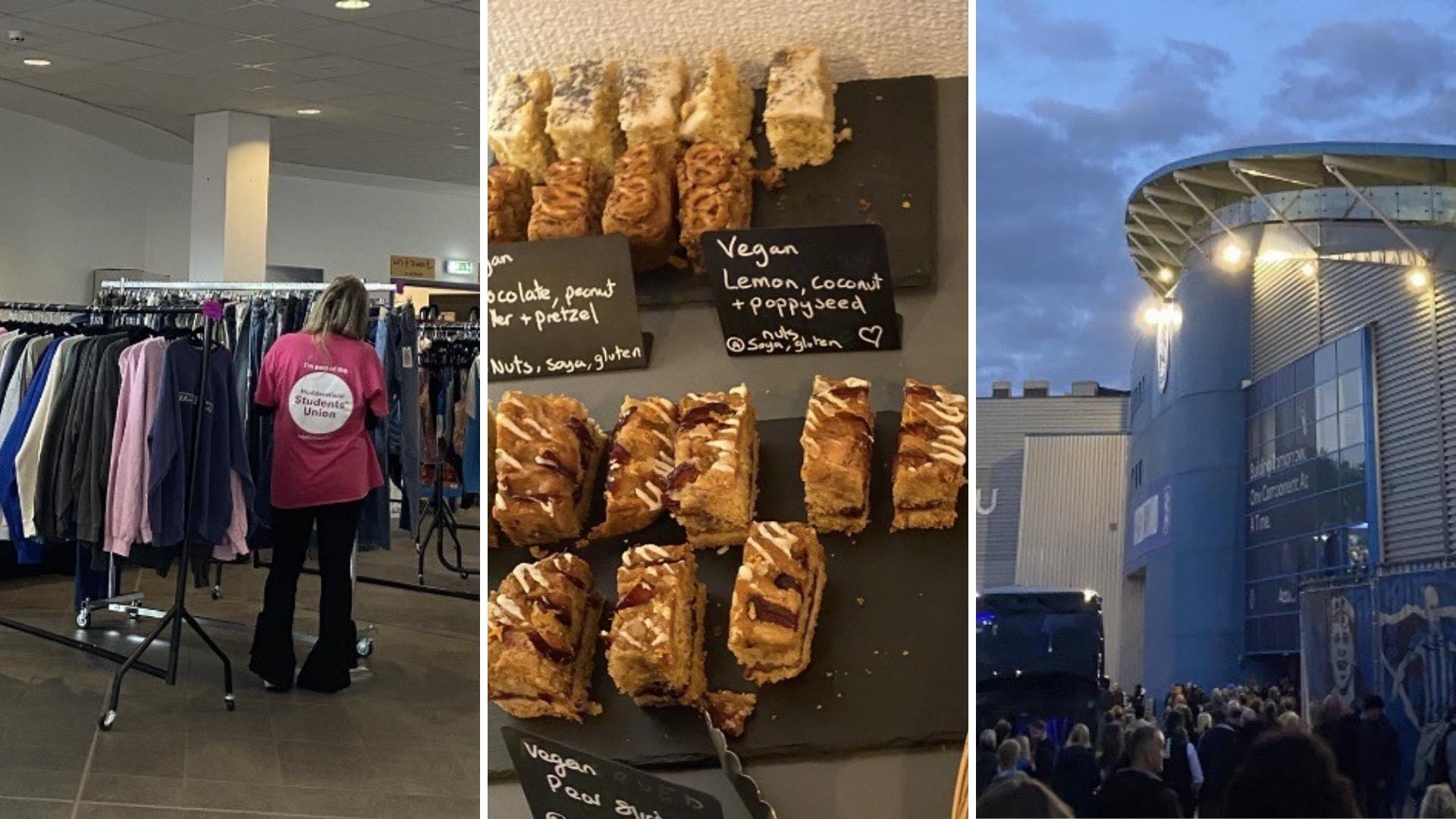 A composite image including a pop up fashion sale, cakes in a cafe and a football stadium