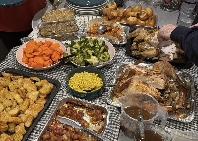 Various dishes laid out on a table for a meal