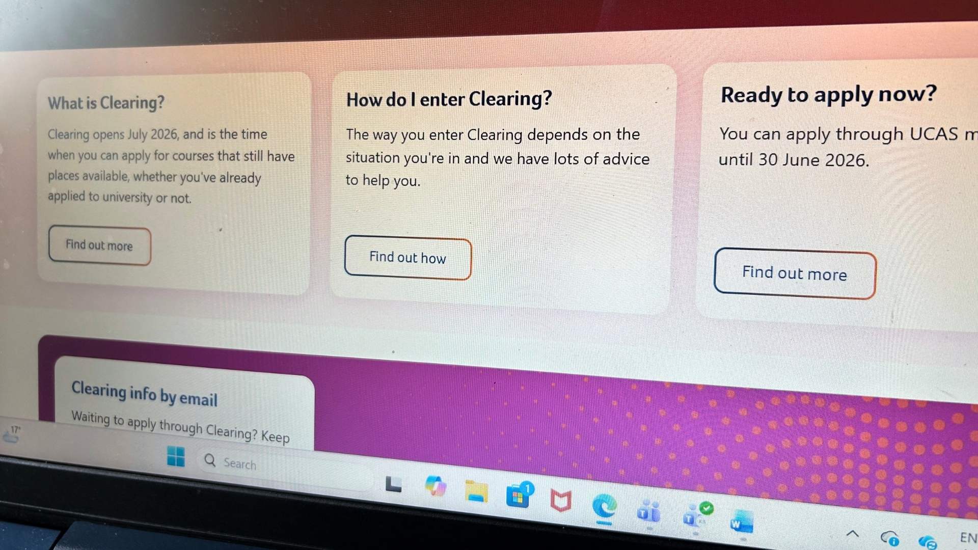 A laptop screen showing a website with information about applying to university through Clearing