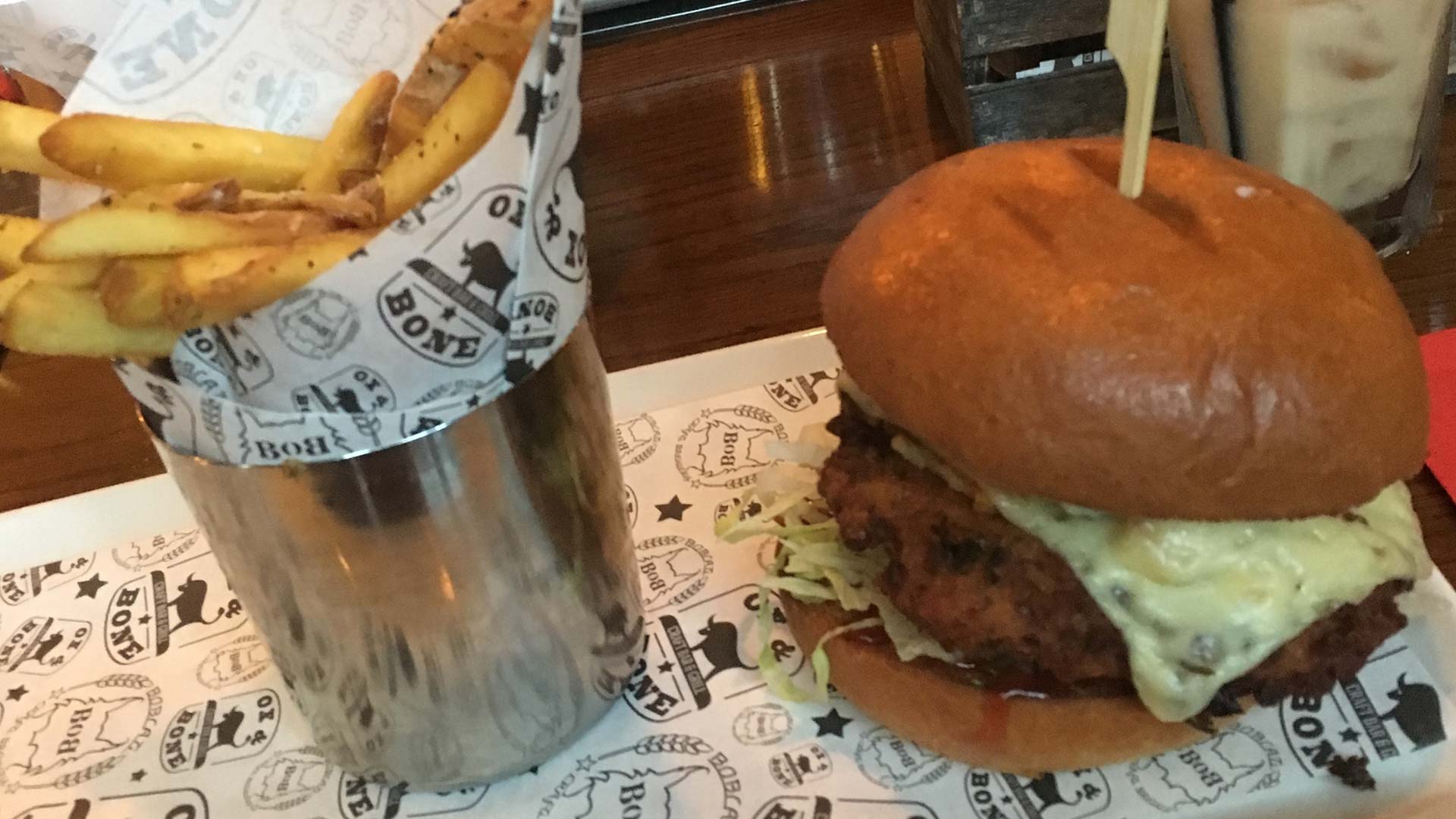 A picture of burger and chips from the Ox and Bone