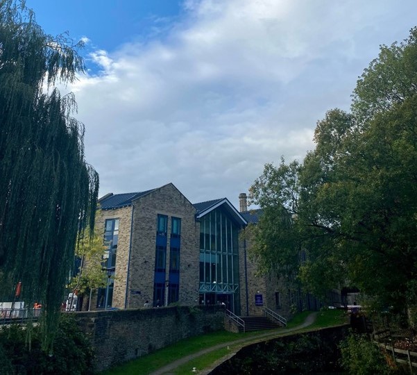 The canal and Lockside building on campus.