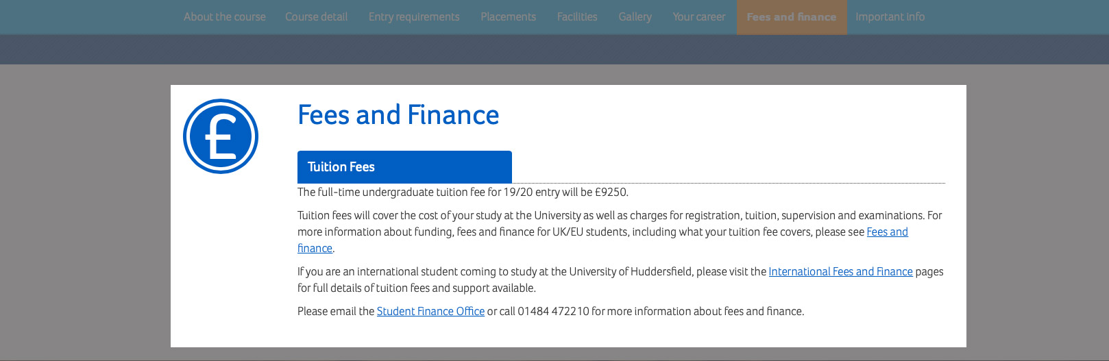 An image of the coursefinder area with the fees and finance highlighted.