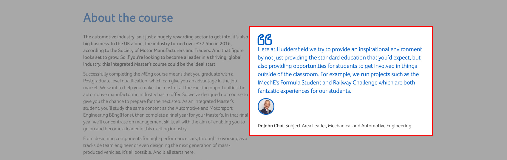 A screenshot of the coursefinder application with the quote/endorsement area highlighted.  