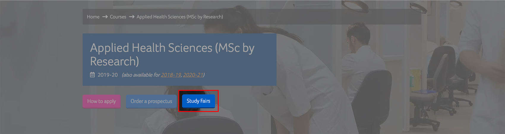A screenshot of the coursefinder application with the study fair button highlighted.