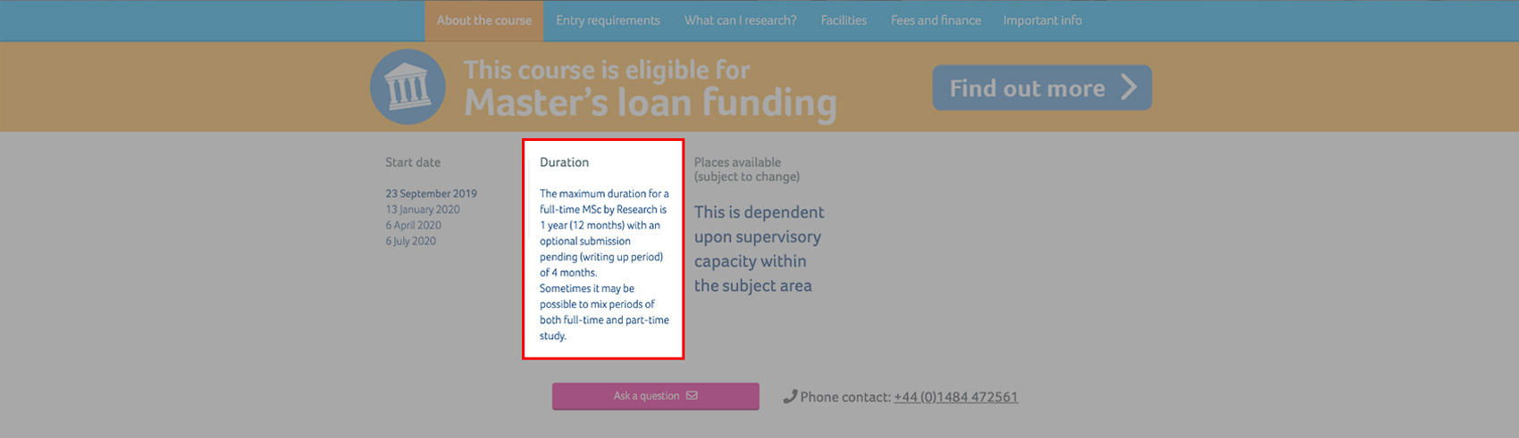 A screenshot of the coursefinder application with the deadline area highlighted.