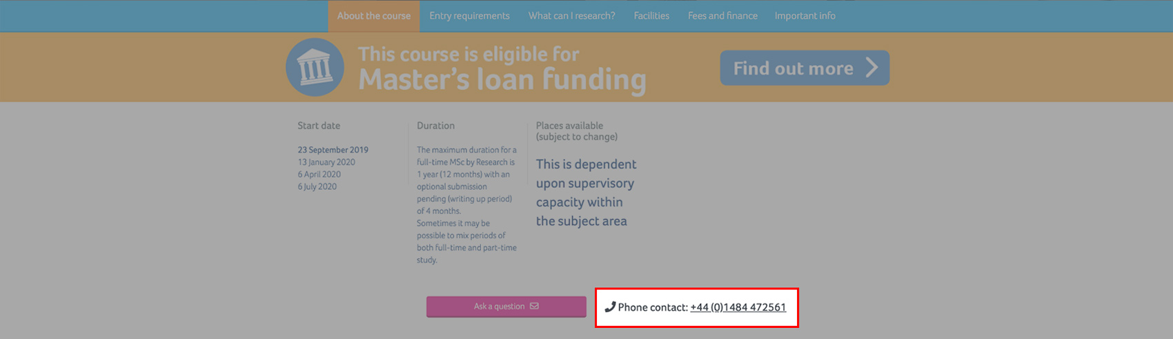 A screenshot of the coursefinder application with the application Phone contact highlighted.