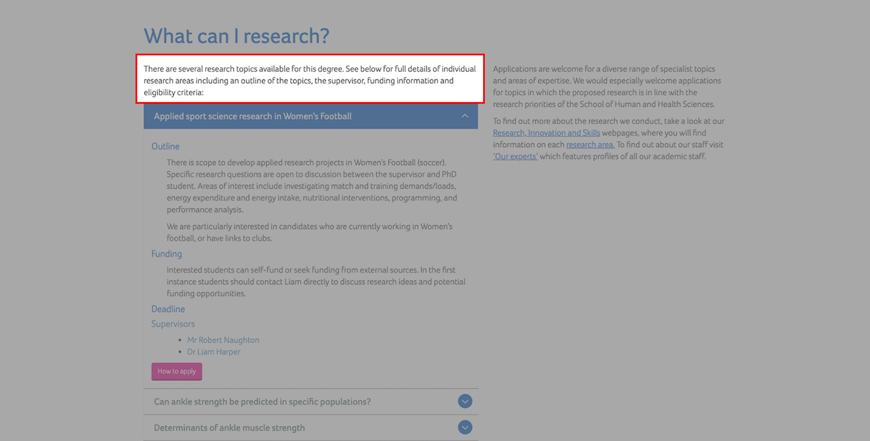 A screenshot of the coursefinder application with the what can i research bolierplate text area highlighted.
