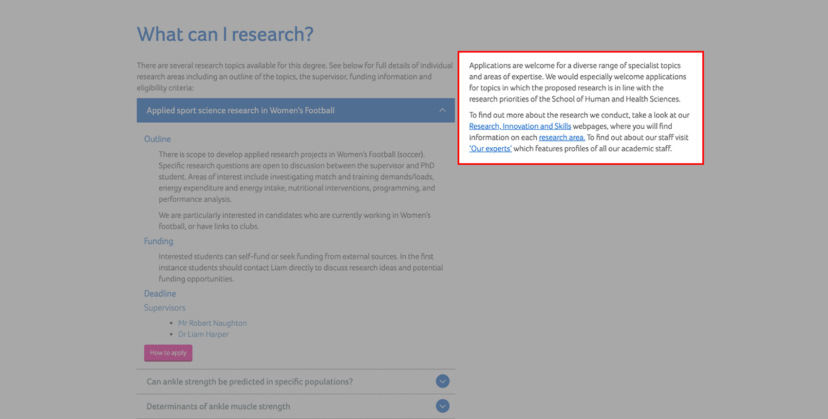 A screenshot of the coursefinder application with the what can i research main text area highlighted.