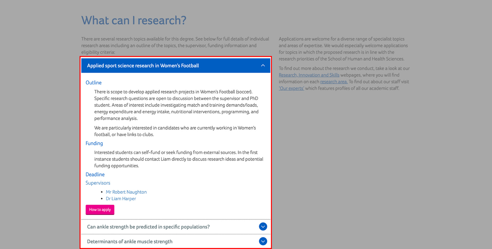 A screenshot of the coursefinder application with the what can i research research list text highlighted.