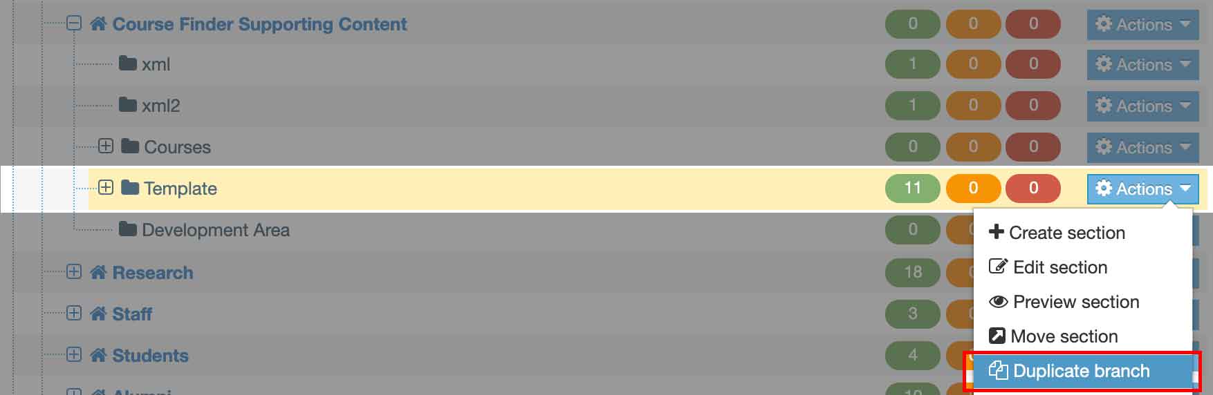 showing how to duplicate template branch fpr coursefinder
